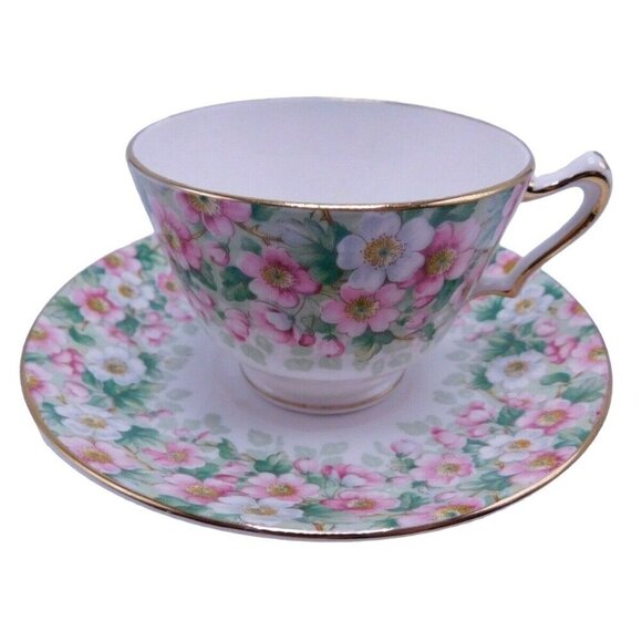 CROWN STAFFORDSHIRE MAYTIME CHINTZ TEACUP & SAUCER SET